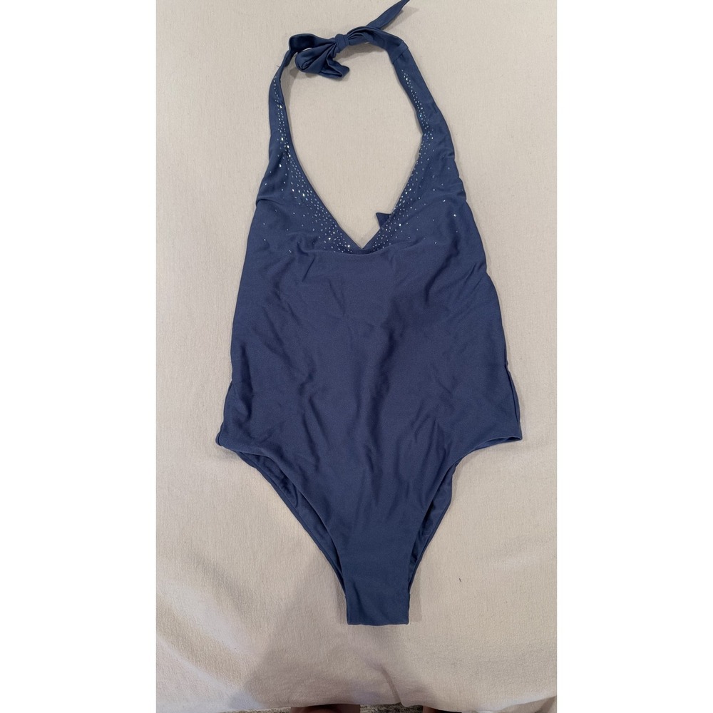 Bellissima Swimsuit Womens Large Blue Diamond One Piece Halter Swarovski